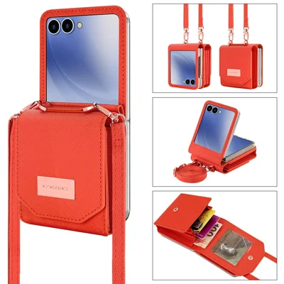 For Samsung Galaxy Z Flip8 Case Card Bag Kickstand PU Leather PC Phone Cover with Strap - Orange
