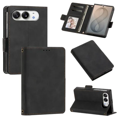 Cover per iPhone Duo Case in Pelle PU Tattile al Contatto con Chiusura a Libro Portafoglio con Cinturino da Polso - Nero