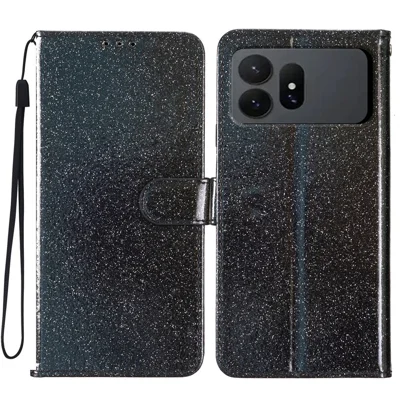 For Samsung Galaxy S27 Ultra Wallet Case Glitter Anti-Scratch Leather Stand Phone Cover with Strap - Black