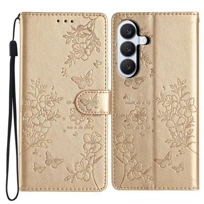 For Samsung Galaxy S27 Wallet Phone Case Butterfly Floral Imprint Leather Flip Cover with Strap - Gold