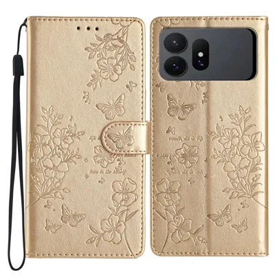 For Samsung Galaxy S27 Ultra Wallet Phone Case Butterfly Floral Imprint Leather Flip Cover with Strap - Gold