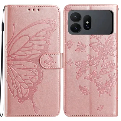 For Samsung Galaxy S27 Ultra Case Butterfly Imprinted Wallet Stand PU Leather Flip Phone Cover with Strap - Rose Gold