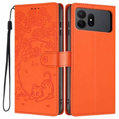For Samsung Galaxy S27 Ultra Stand Case Tree-and-Cat Pattern PU Leather Wallet Protective Phone Cover with Wrist Strap - Orange