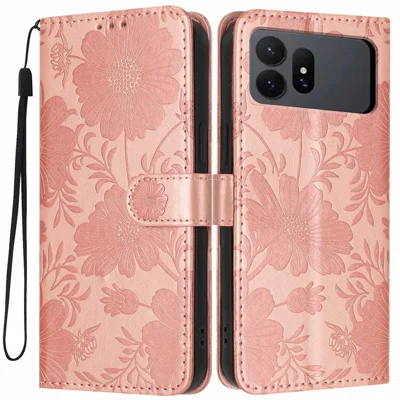 For Samsung Galaxy S27 Ultra Wallet Case Imprint Floral PU Leather Stand Flip Phone Cover with Wrist Strap - Rose Gold