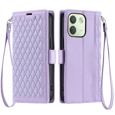 For Xiaomi Redmi Note 17 Pro Max 5G / Redmi Note 17 Pro 5G Leather Case Rhombus Texture Wallet Stand Phone Cover with Wrist Strap - Purple