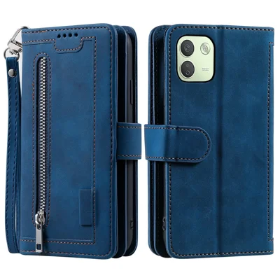 For Xiaomi Redmi Note 17 Pro Max 5G  /  17 Pro 5G Case 9 Card Slots Zipper Wallet PU Leather Phone Cover with Wrist Strap - Blue