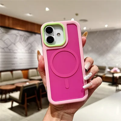 For iPhone 17 Magnetic Case Contrast Design 2 in 1 PC + TPU Matte Phone Cover - Pink