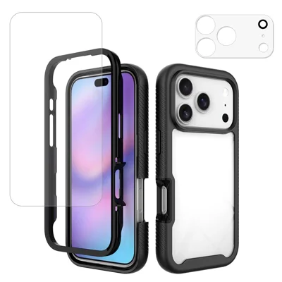 For iPhone 18 Pro Case PC + TPU Shockproof Phone Cover with Lens Protector + Screen Protector - Sort
