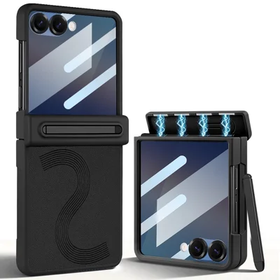 For Samsung Galaxy Z Flip8 Case PU Leather PC Phone Cover with Tempered Glass Back Film and Stylus - Black