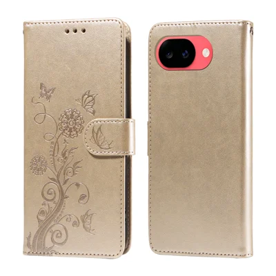 For Google Pixel 11a Læderetui Butterfly Floral Imprint Wallet Standsbeskyttelse - Guld
