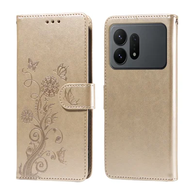 Cover in Pelle per Samsung Galaxy S27 Ultra con Stampa Farfalla e Floreale, Supporto con Portafoglio - Dorato