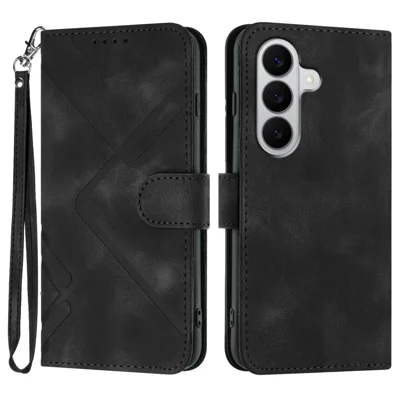  Custodia portafoglio per Samsung Galaxy S26 / Galaxy S27, cover in pelle PU con stampa a linee e tracolla - Nero