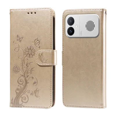Pour Xiaomi Redmi K90 Ultra 5G / Xiaomi Redmi K90 Max 5G Étui en Cuir avec Imprimé Papillon et Floral, Étui Portefeuille avec Support - Doré