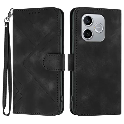  For Honor 500 Smart 5G / Honor 600 Lite 5G Wallet Case Line Imprinted PU Leather Phone Cover with Strap - Black