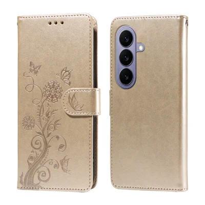 Cover in Pelle per Samsung Galaxy S27 con Stampa a Farfalla e Fiori, Custodia Portafoglio con Supporto - Dorato