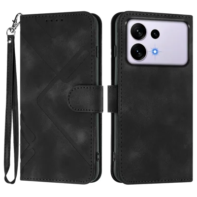  For Samsung Galaxy S27 Ultra Wallet Case Line Imprinted PU Leather Phone Cover with Strap - Black