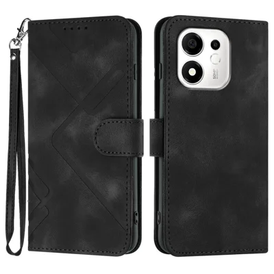  For Honor X7e Plus 5G / Honor 600 Smart 5G Wallet Case Line Imprinted PU Leather Phone Cover with Strap - Black