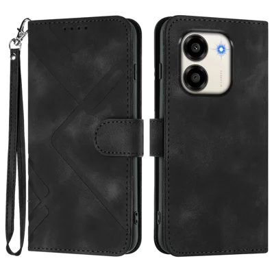  For Honor X6e 4G / Honor Play 80 Plus 5G / Honor X7e 4G Wallet Case Line Imprinted PU Leather Phone Cover with Strap - Black
