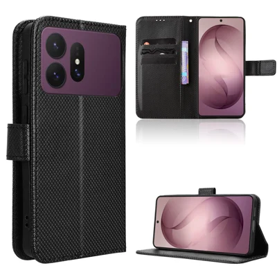Cover Portafoglio in Pelle per Samsung Galaxy S27 Pro con Tracolla, Copertura con Texture a Diamante - Nero