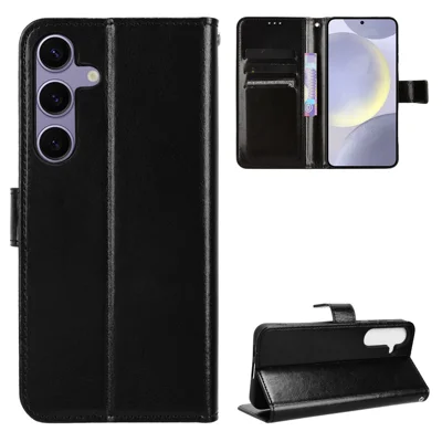  For Samsung Galaxy S26 FE PU Leather Case with Strap Crazy Horse Texture Phone Wallet Cover - Black