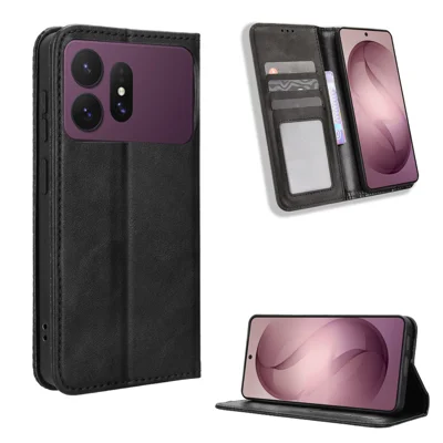  For Samsung Galaxy S27 Ultra Leather Case Wallet Stand Retro Texture Phone Cover - Black