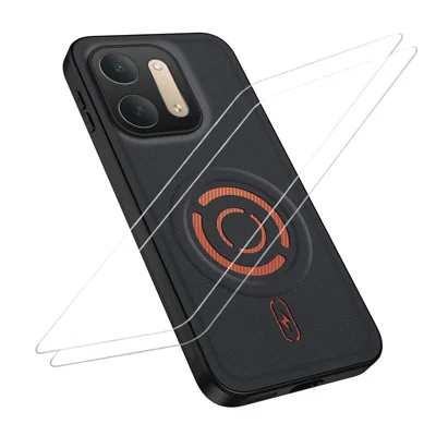  WANLONFENG for Xiaomi Redmi 17C 5G KJB1 Series Magnetic Case with 2Pcs Tempered Glass Screen Protector Tech Fabric Texture PC+TPU Phone Cover - Black