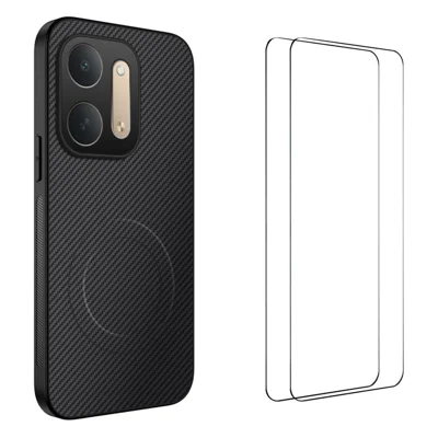  WANLONFENG for Xiaomi Redmi 17C 5G TQ1 Series Magnetic Case Carbon Fiber Texture PC TPU Phone Cover with 2Pcs Screen Films - Black