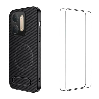  WANLONFENG for Xiaomi Redmi 17C 5G QT1 Series Magnetic Case with 2Pcs Tempered Glass Films Kickstand Carbon Fiber Texture PC TPU Phone Cover - Black