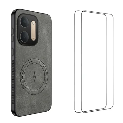  WANLONFENG for Xiaomi Redmi 17C 5G SD Series Magnetic Case Nappa Texture PC TPU Phone Cover with 2Pcs Screen Film - Grey