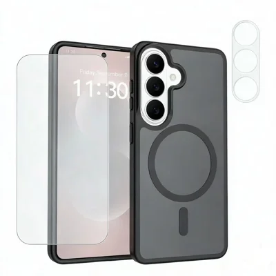  Custodia magnetica per Samsung Galaxy S25 FE TPU + PC anti-impronta con protezione per schermo in vetro al silicio-alluminio + protezione per obiettivo in vetro temperato - Nero