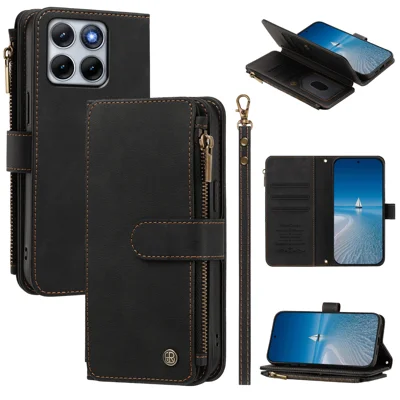 Etui skórzane z portfelem i zamkiem na 9 kart do Motorola Edge 70 Fusion+ 5G / Motorola Edge 70 Fusion 5G, etui z uchwytem i opaską na nadgarstek - czarne
