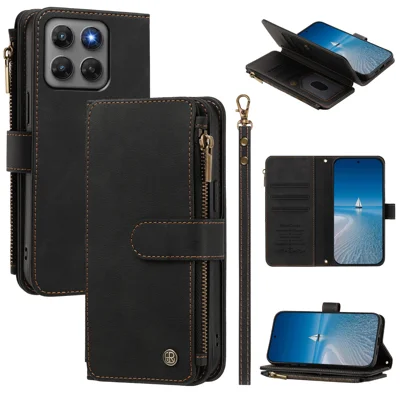  For Motorola Moto G37 5G / Motorola Moto G47 5G / Motorola Moto G37 Power 5G Leather Case 9 Card Slots Zipper Wallet Stand Phone Cover with Wrist Strap - Black