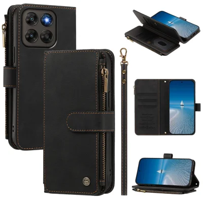  For Motorola Moto G77 5G / Motorola Moto G67 5G / Motorola Moto G87 5G Leather Case 9 Card Slots Zipper Wallet Stand Phone Cover with Wrist Strap - Black