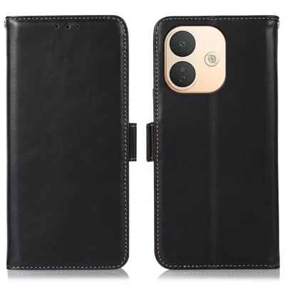 For Xiaomi Redmi Note 17 Pro 5G Case RFID Blocking Genuine Cow Leather Wallet Phone Cover - Black