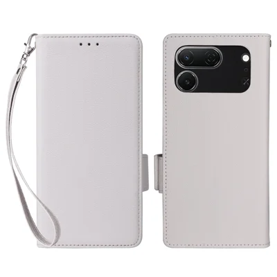 For TECNO Spark 50 Pro 4G Case Litchi Texture Wallet Leather Phone Cover with Wrist Strap - White