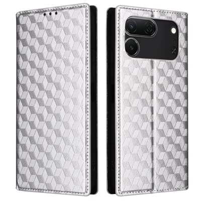 For TECNO Spark 50 Pro 4G Case Wallet Rhombus Imprinted PU Leather Phone Cover - Silver