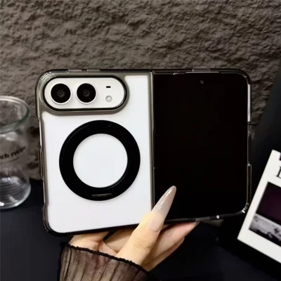For iPhone Duo Case Magnetic Rotating Kickstand Acrylic Split Anti-Yellowing Folding Phone Cover - Black