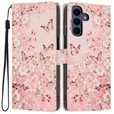 Cover per Samsung Galaxy S27 con Portafoglio, Stampa a Fiori, in Pelle PU con Supporto a Libro e Cinturino da Polso - Rosa Farfalla di Ciliegio