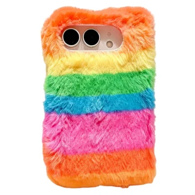 For iPhone Duo Plush Case Rainbow Horizontal Stripe Warm Fluffy + PC Phone Protective Cover - Multicolor