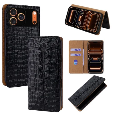 For iPhone 17 Pro Max Case Crocodile Pattern Genuine Cow Leather RFID Blocking Wallet Stand Phone Cover - Black
