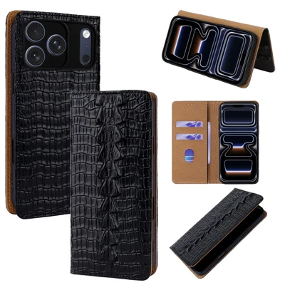 For iPhone 17 Pro Case Crocodile Pattern Genuine Cow Leather RFID Blocking Wallet Stand Phone Cover - Black