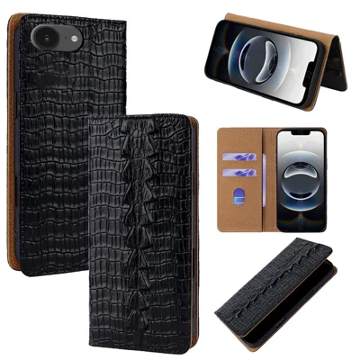 Funda de cuero auténtico para iPhone SE (2022) / (2020) / 8 / 7 con diseño de patrón de cocodrilo, billetera con soporte y protección RFID - Negro