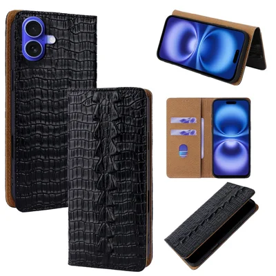 For iPhone 16 Case Crocodile Pattern Genuine Cow Leather RFID Blocking Wallet Stand Phone Cover - Black