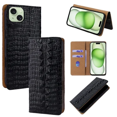 For iPhone 15 Plus Case Crocodile Pattern Genuine Cow Leather RFID Blocking Wallet Stand Phone Cover - Black