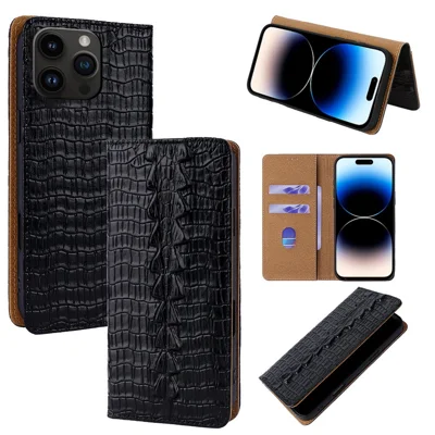 For iPhone 14 Pro Case Crocodile Pattern Genuine Cow Leather RFID Blocking Wallet Stand Phone Cover - Black