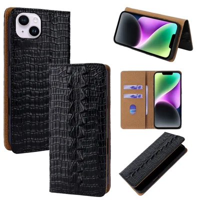 For iPhone 14 Plus Case Crocodile Pattern Genuine Cow Leather RFID Blocking Wallet Stand Phone Cover - Black