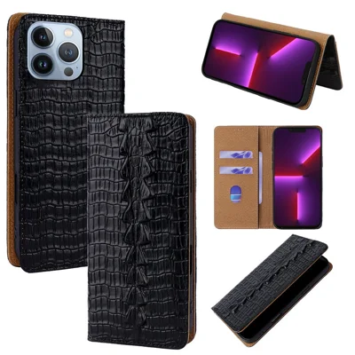 For iPhone 13 Pro Case Crocodile Pattern Genuine Cow Leather RFID Blocking Wallet Stand Phone Cover - Black