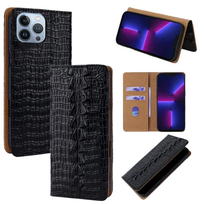 For iPhone 13 Pro Max Case Crocodile Pattern Genuine Cow Leather RFID Blocking Wallet Stand Phone Cover - Black