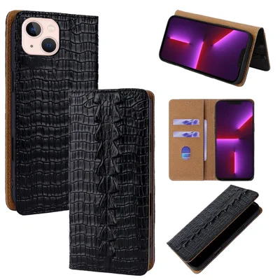 For iPhone 13 Case Crocodile Pattern Genuine Cow Leather RFID Blocking Wallet Stand Phone Cover - Black