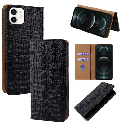 Funda de cuero auténtico de vaca con patrón de cocodrilo para iPhone 12 / 12 Pro, tapa con billetera, soporte, bloqueo RFID, color negro